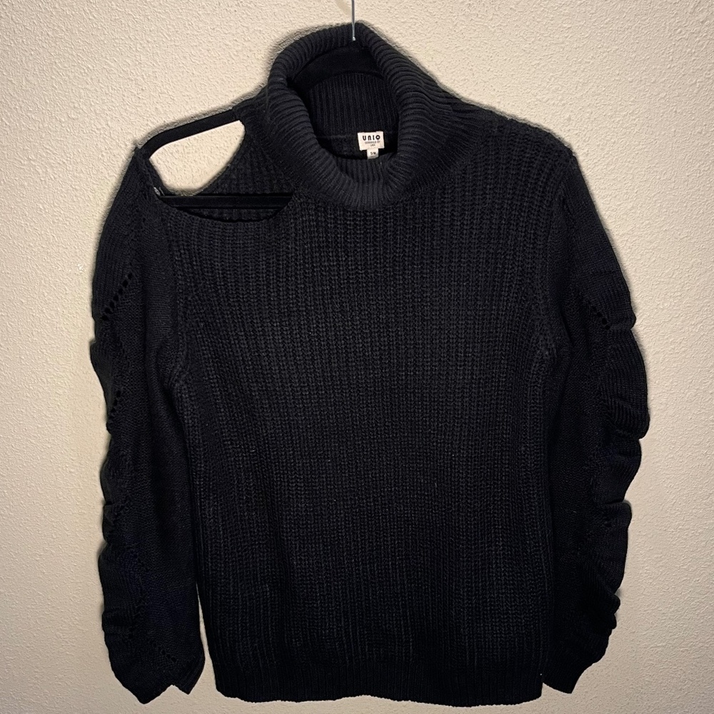 Distressed, Black,, Peep Shoulder, Oversized Sweater